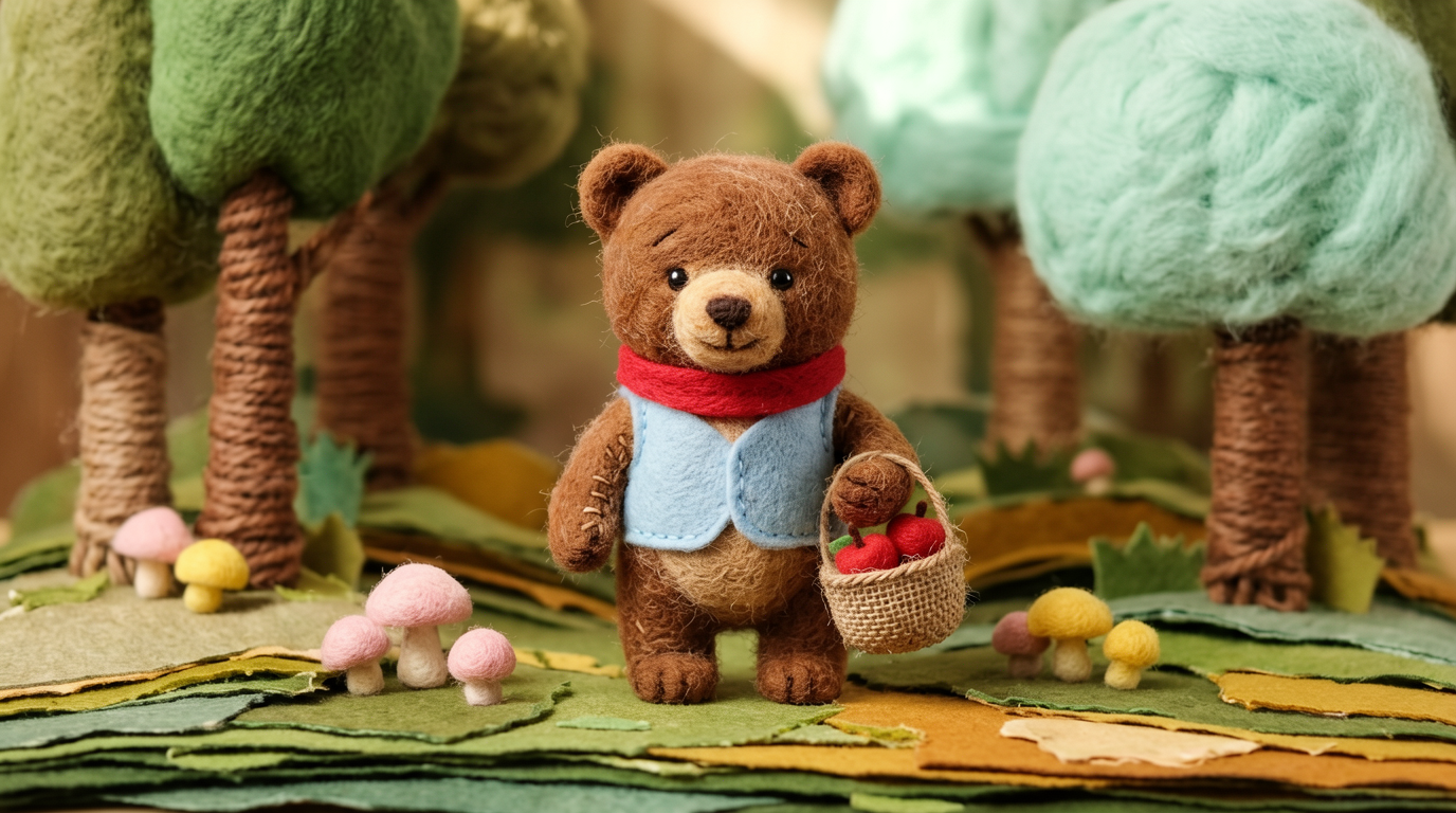 Felted Wool Brown Bear Scene