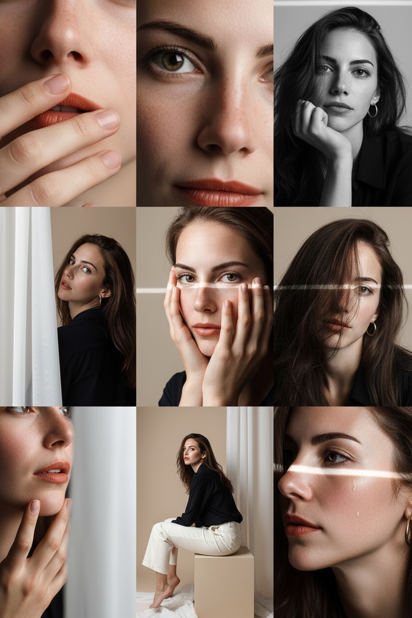 Editorial 3x3 Photo Grid in a Clean Soft Beige Studio