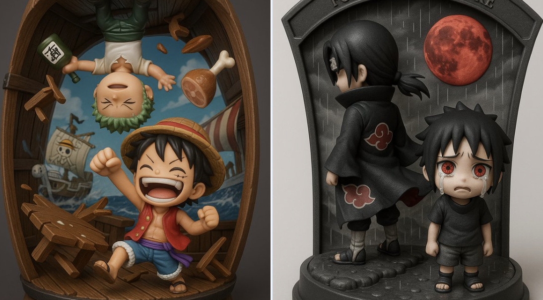 Highly Detailed 3D-rendered Chibi Figurine Diorama of Character a and Character