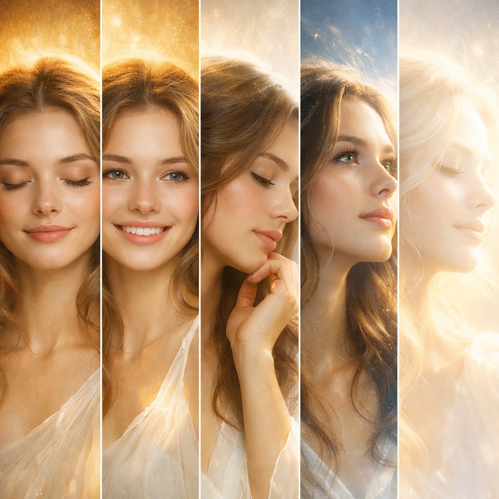 Ultra-realistic Vertical Collage of an Angelic Girl in Five Portrait Strips
