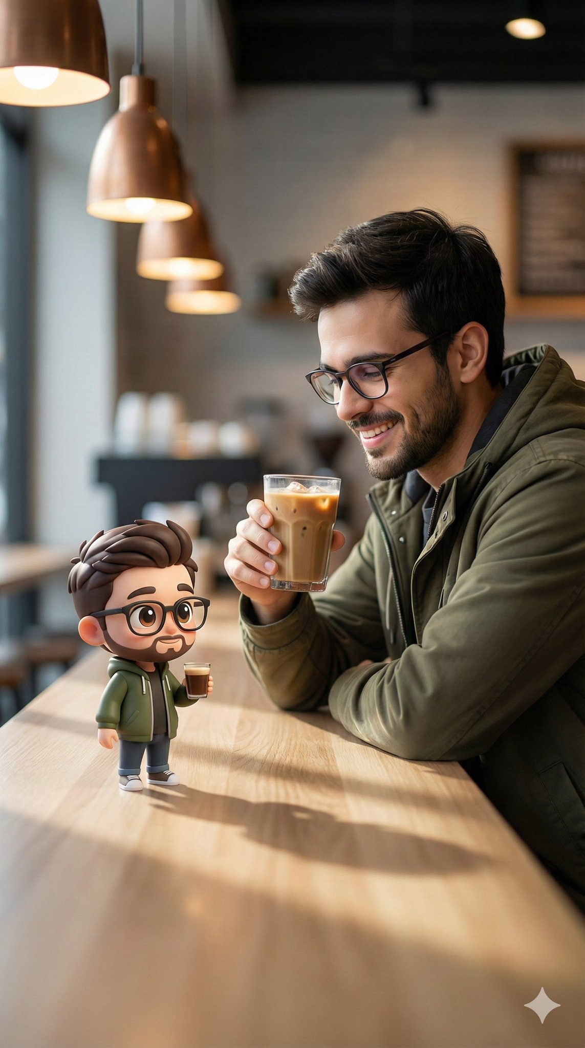 Young Man Sitting Casually at a Modern Caf Counter Smiling While