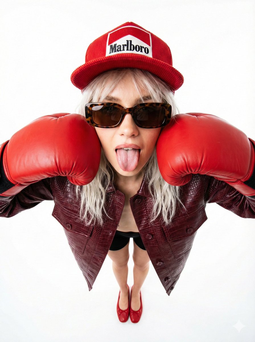Playful Red Boxing Girl Wide Angle