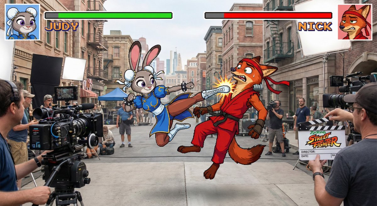 Judy as Chun-Li and Nick as Little Red