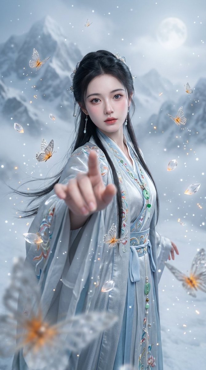 Silver Blue Hanfu Fairy Butterfly Interaction