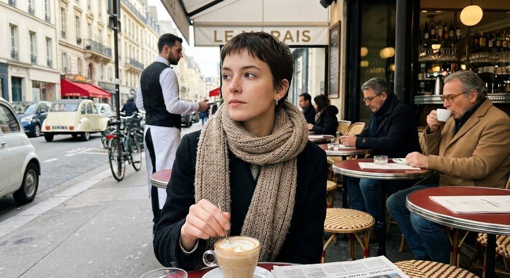 A Photorealistic Image of a Cafe Terrace in the Marais District
