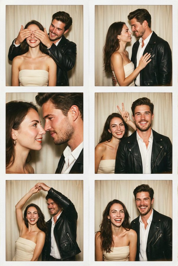 A Realistic Vintage-style Photo Booth Polaroid Photo Collage Featuring the Same