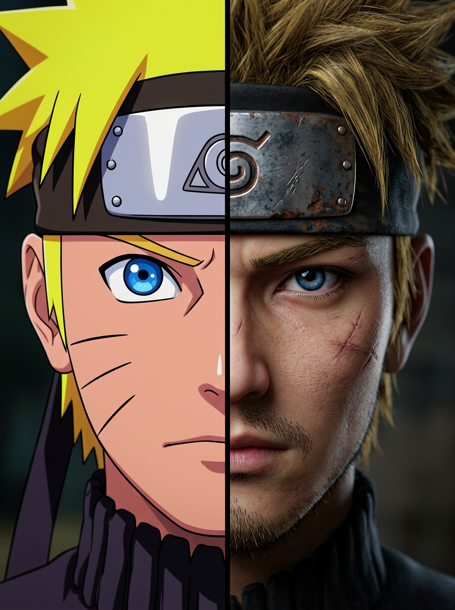Anime vs. Reality Split-Screen Portrait