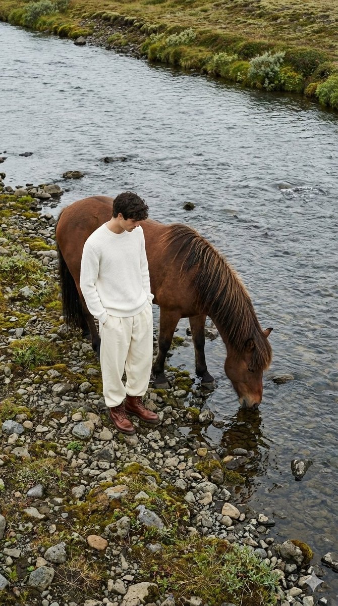 Icelandic River Man Brown Horse Overhead
