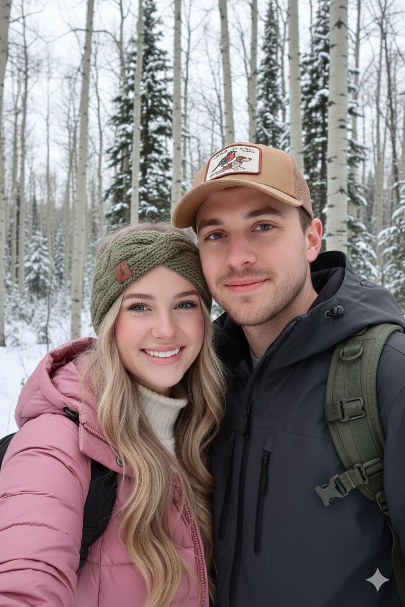 Snowy Forest Hiking Couple Selfie
