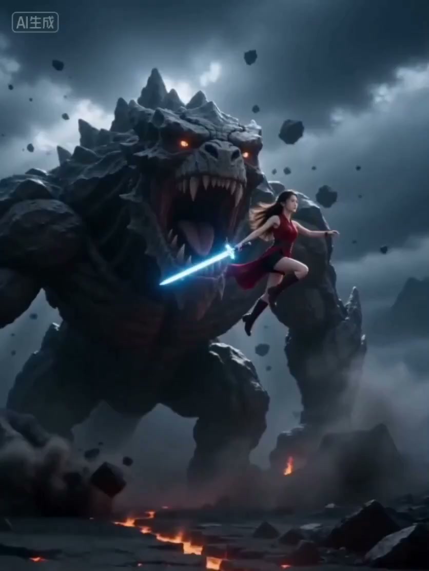 Red Swordswoman vs Rock Monster