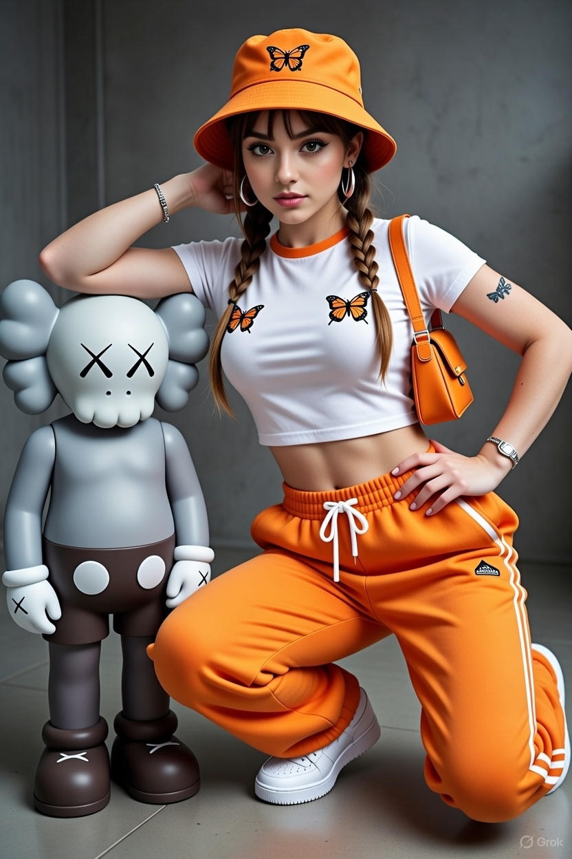 Woman Standing Beside a KAWS-Style Art Sculpture