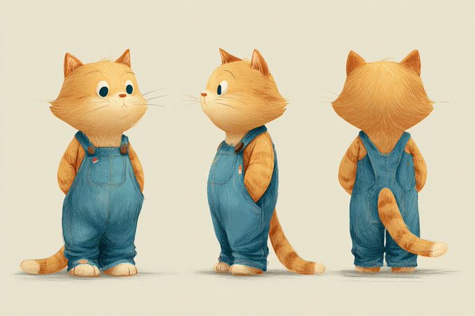Cute Anthropomorphic Subject in Triple View Front-left Front and Back