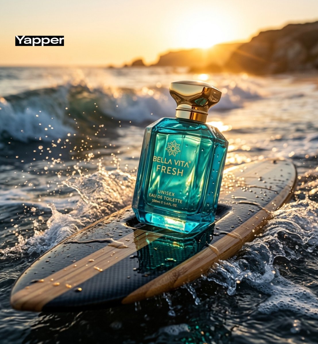 Luxury Perfume on Surfboard Sunset
