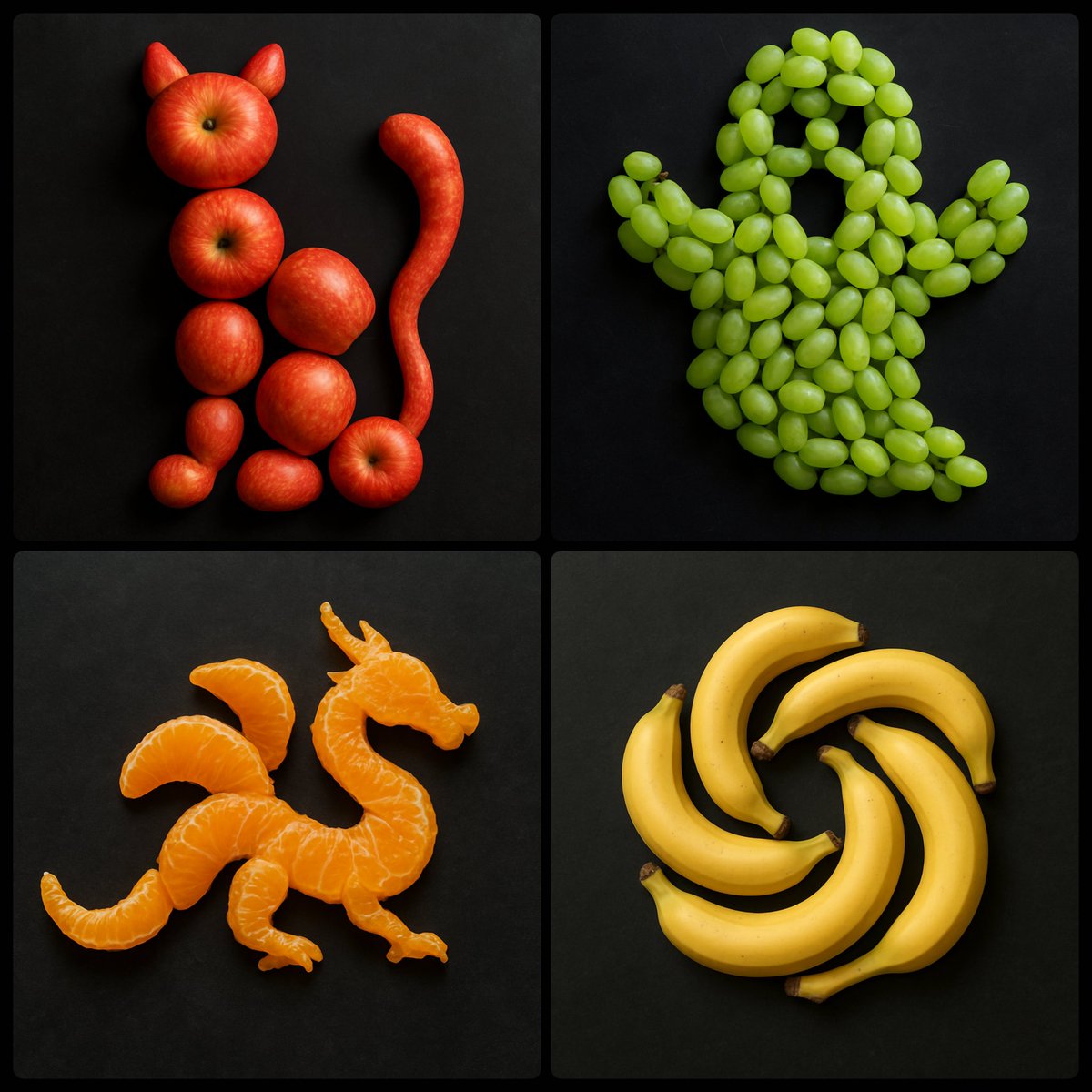 An Image by Arranging NUMBER/AGGREGATE of FRUIT Strategically on a Dark