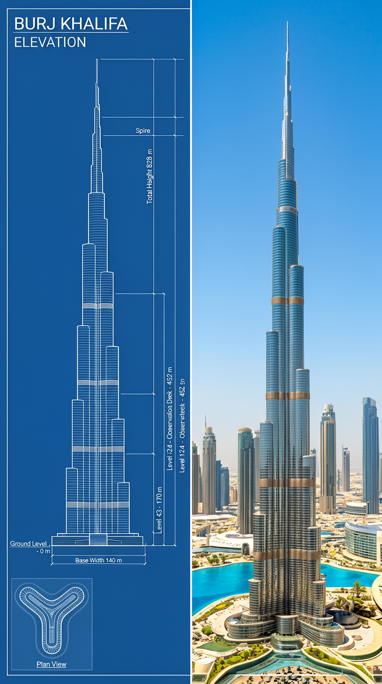 Burj Khalifa Blueprint vs. Reality