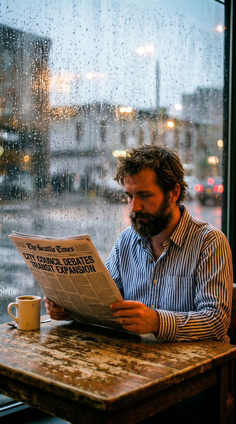 Man Reading Newspaper in Seattle Café