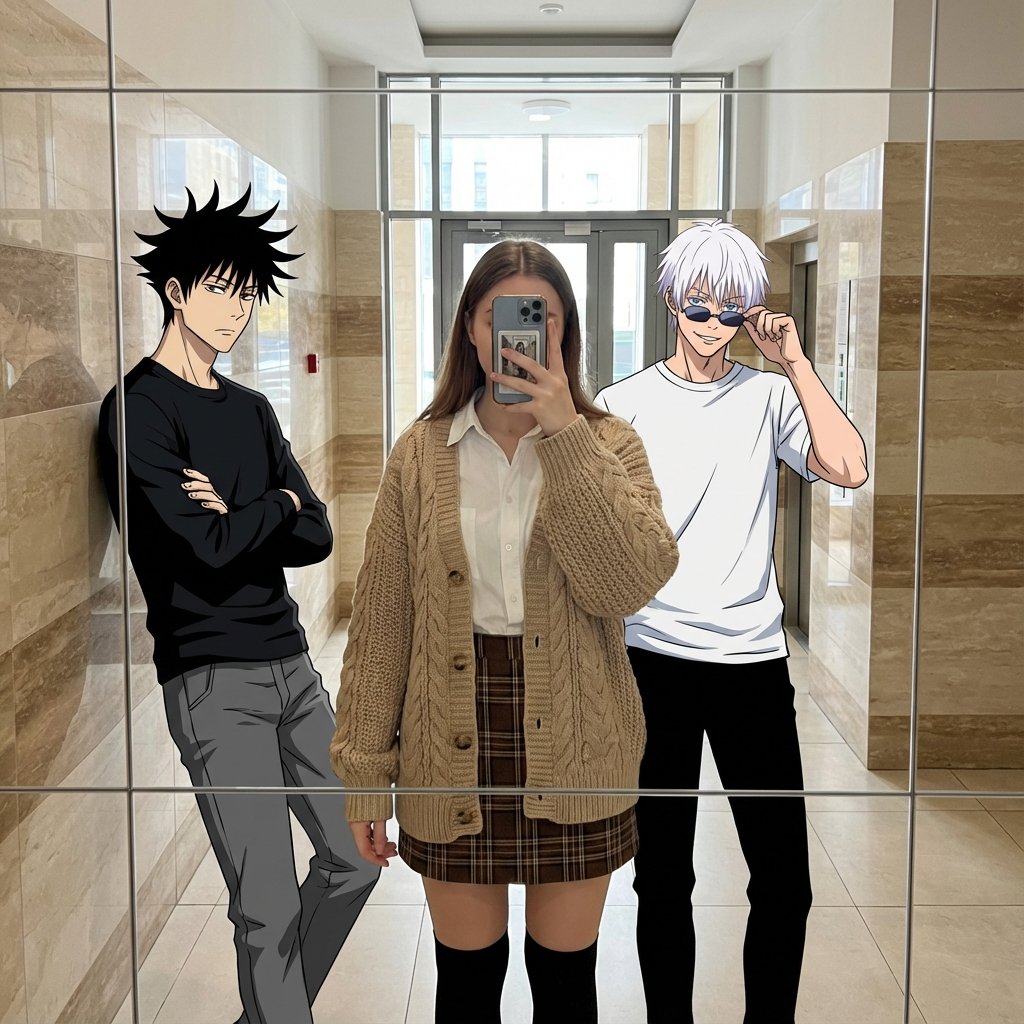 Image Request Goal Create a Mixed-media Reality-bending Mirror Selfie Blending 2D