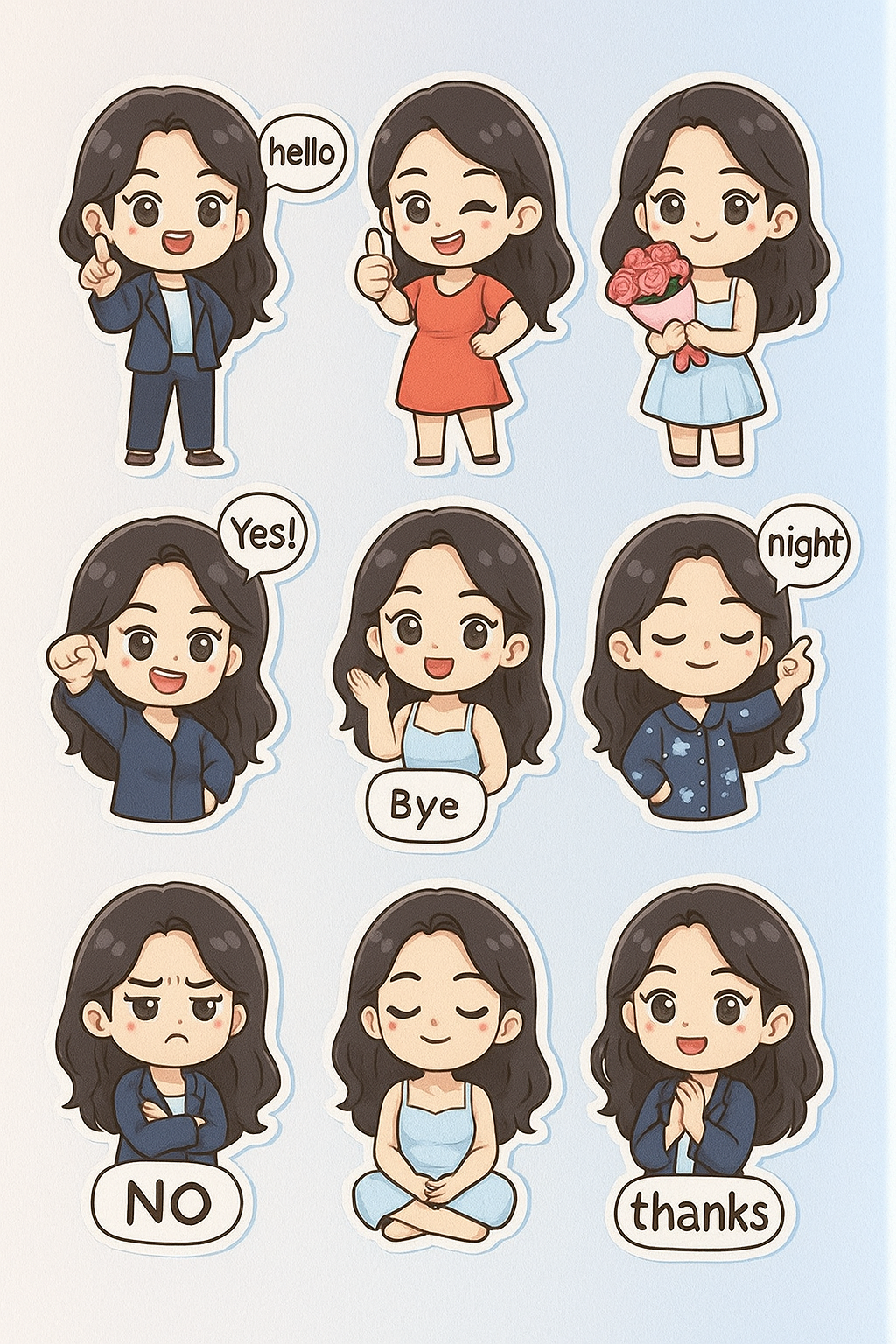 A 3D Kawaii 10-16 Canvas Featuring Nine Chibi-style Stickers in Various