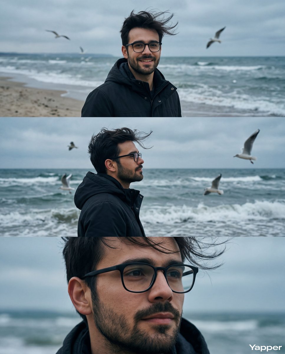 Cinematic Triptych Portrait in Sea Wind