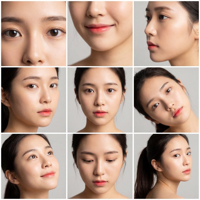 Nine Grid Layout Collage Featuring the Same Beautiful East Asian Woman