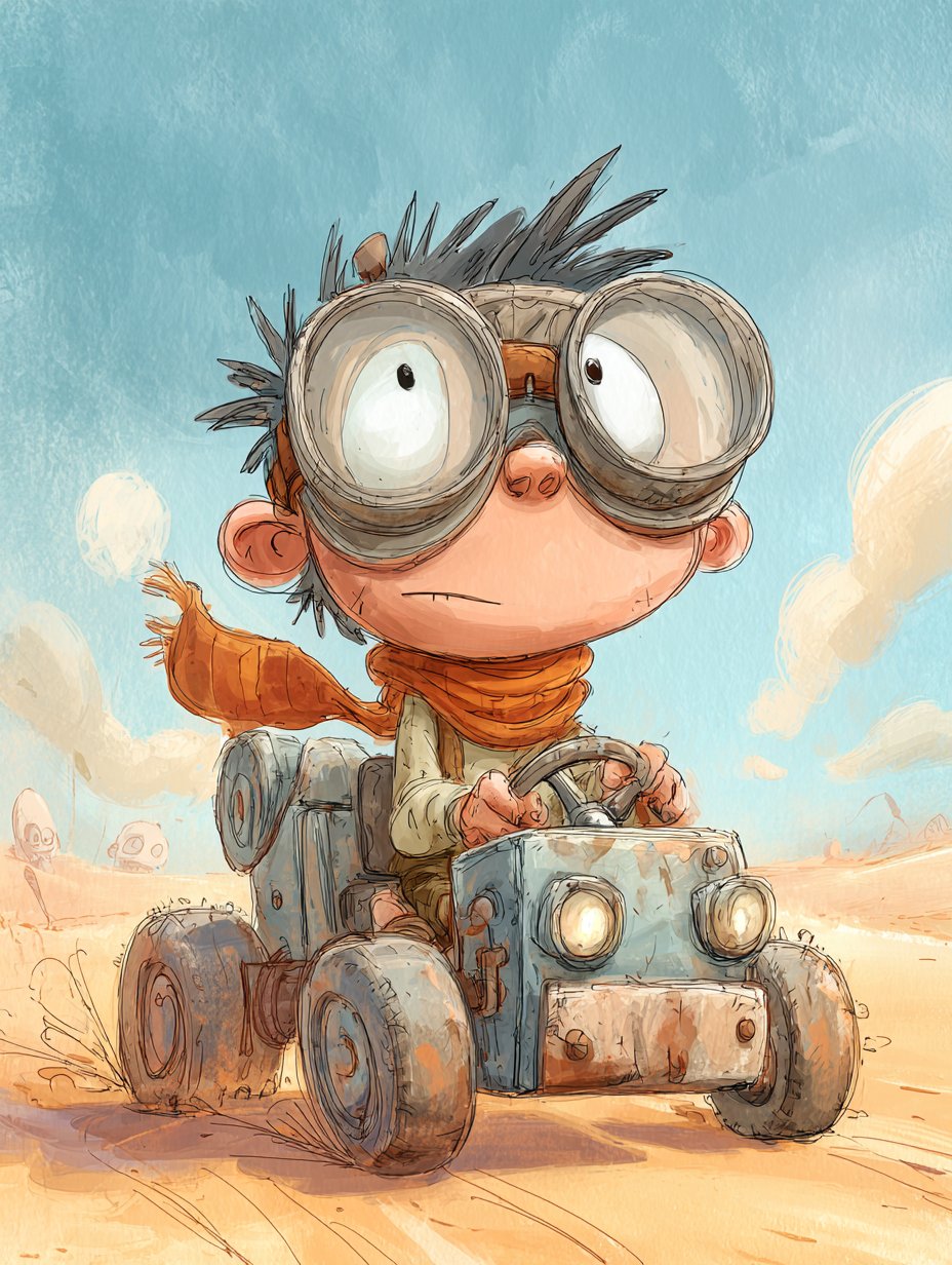 Young Cartoon Boy with Big Goggles and Scarf Driving a Tiny
