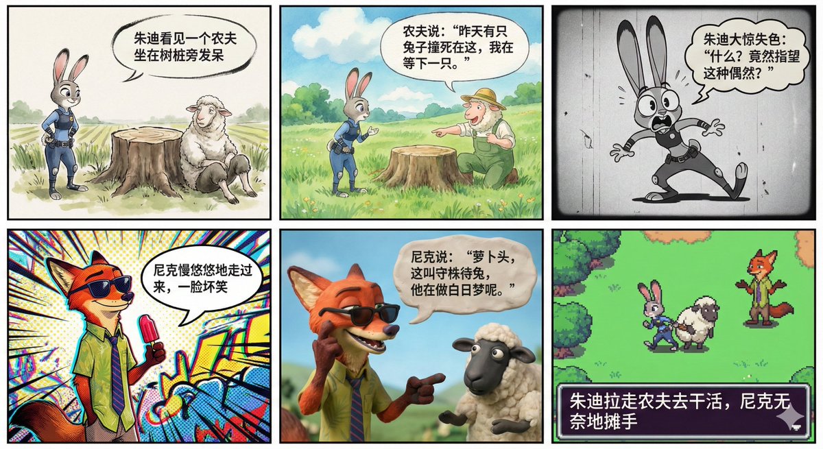 Six-Panel Comic with a Different Style in Every Panel