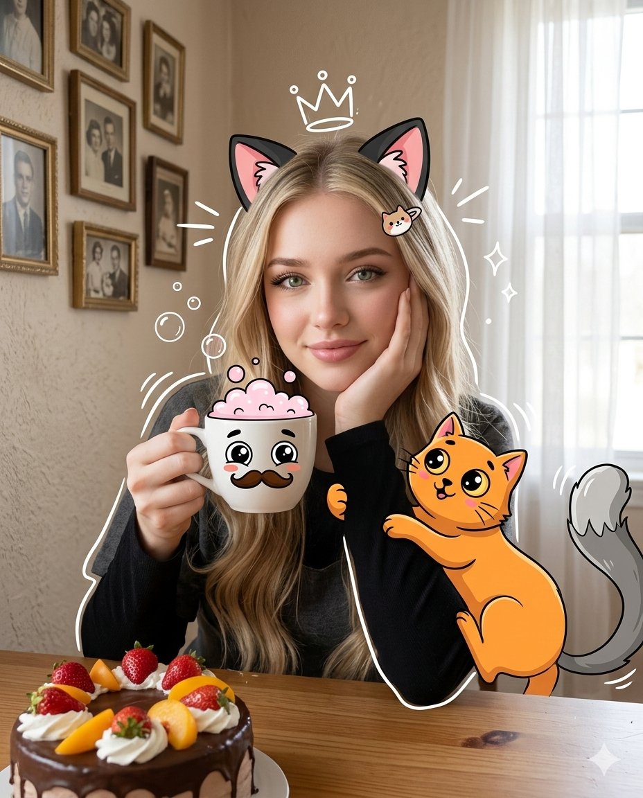 Dreamy Girl Cartoon Cat Cozy Afternoon