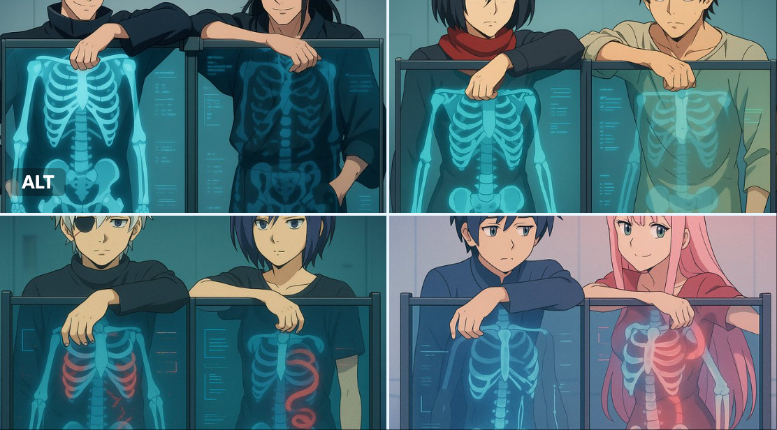 Two Anime-style Characters Standing Behind a Futuristic Transparent X-ray Scanning Panel