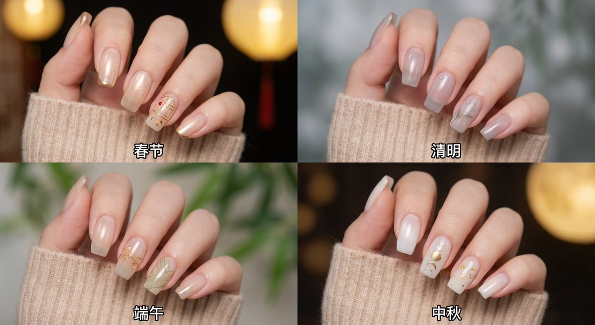 Four-Panel Nail Art for China's Four Major Festivals