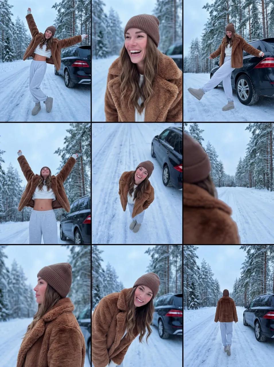 Subject 3x3 Grid Collage of Young Woman in Winter Forest Clothing