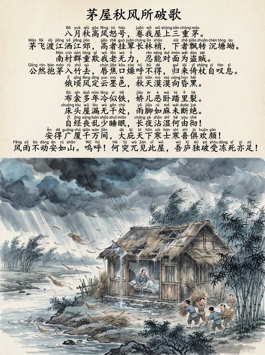 "Song of My Thatched Hut Ruined by Autumn Wind" in Chinese and Pinyin