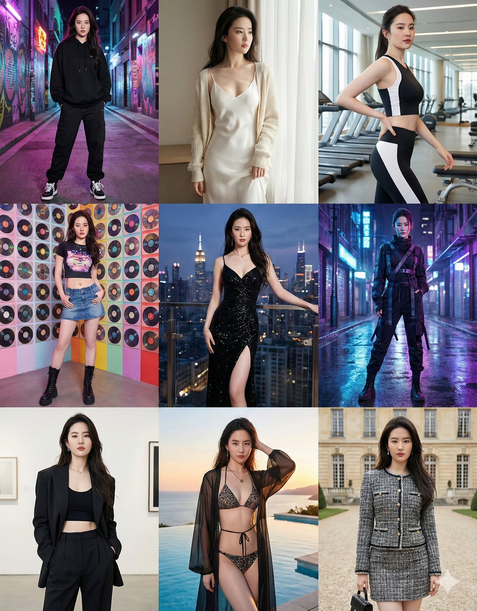 Nine Outfit Styles and Backgrounds for One Character
