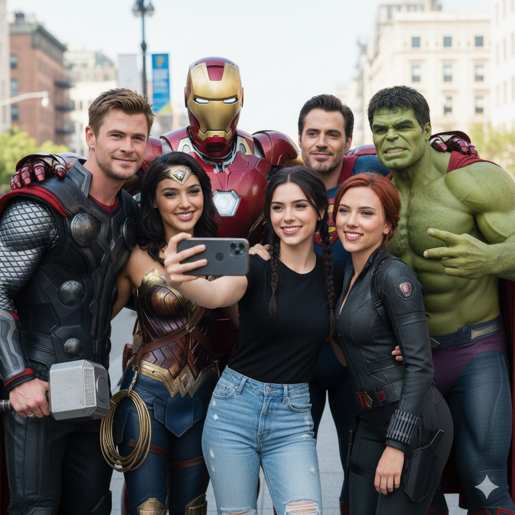 Ultra Realistic Group Selfie Center Is the Person From the Attached