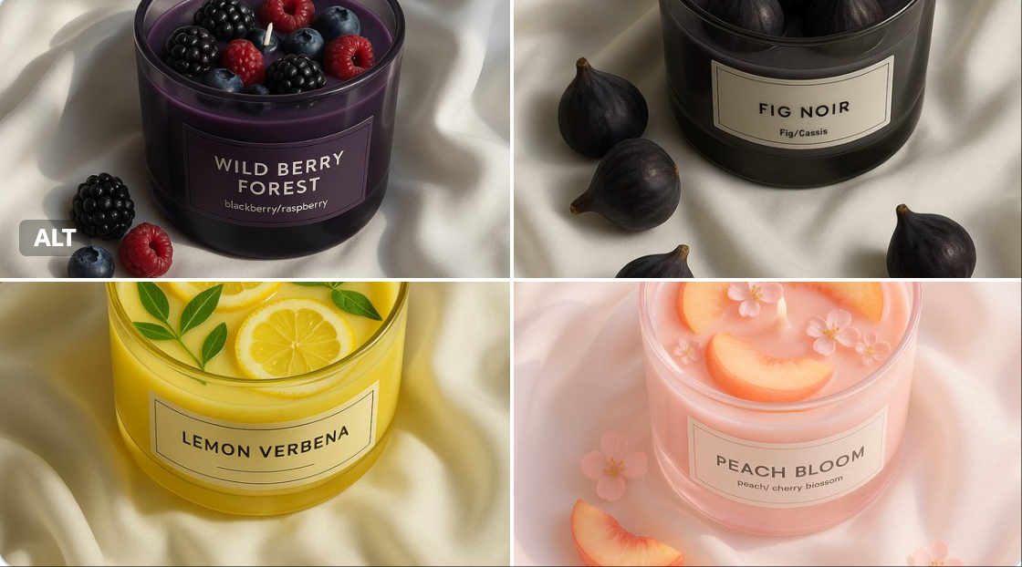 Minimal Still Life of a Round Glass Candle Filled with Fruit