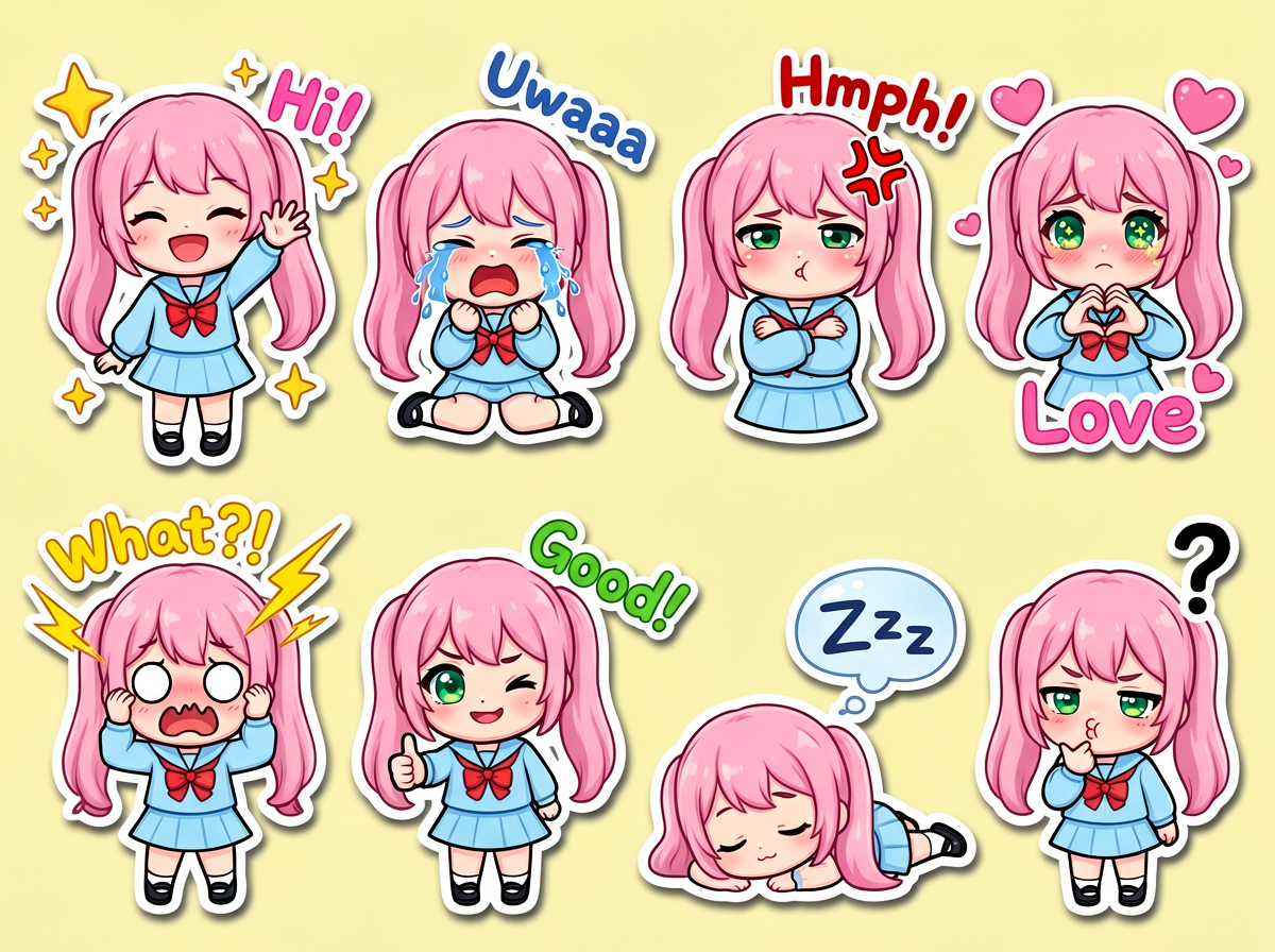 Chibi Girl Eight-Expression Sticker Set
