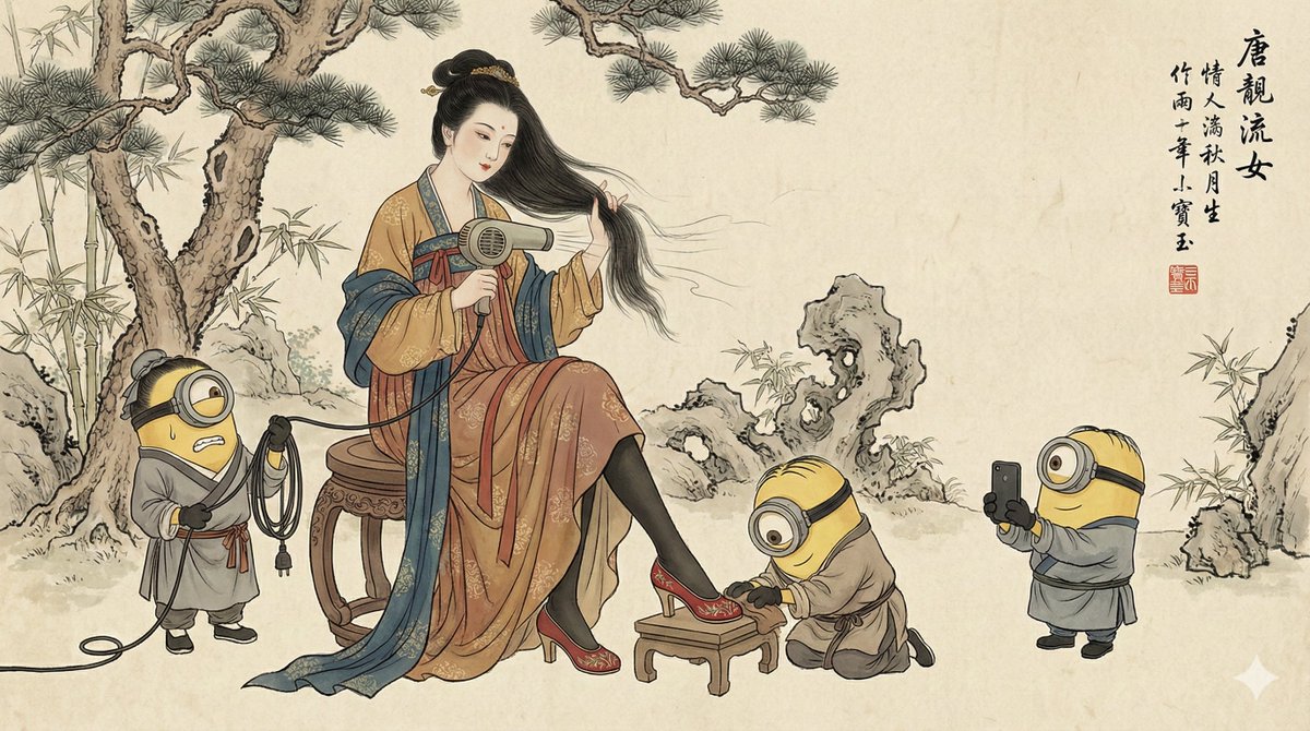 Traditional Chinese Ink and Color Painting in Gongbi Style on Aged