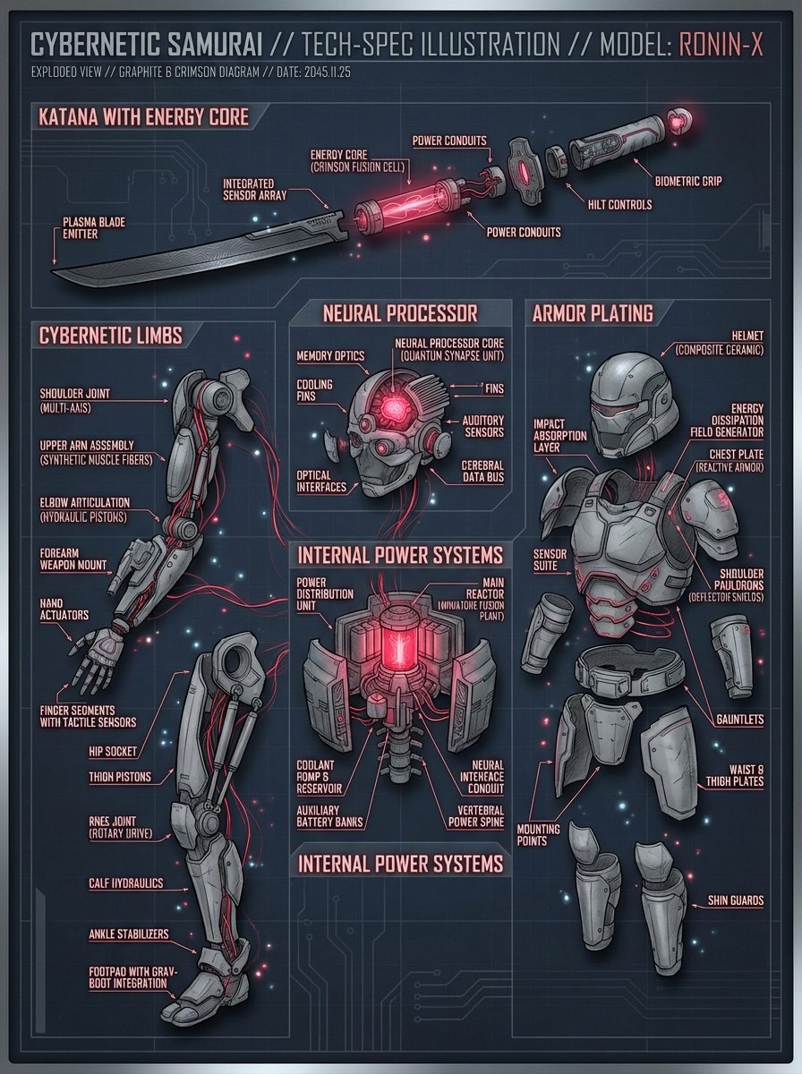 A Detailed Technical Illustration of a Cybernetic Samurai Exploded into Components