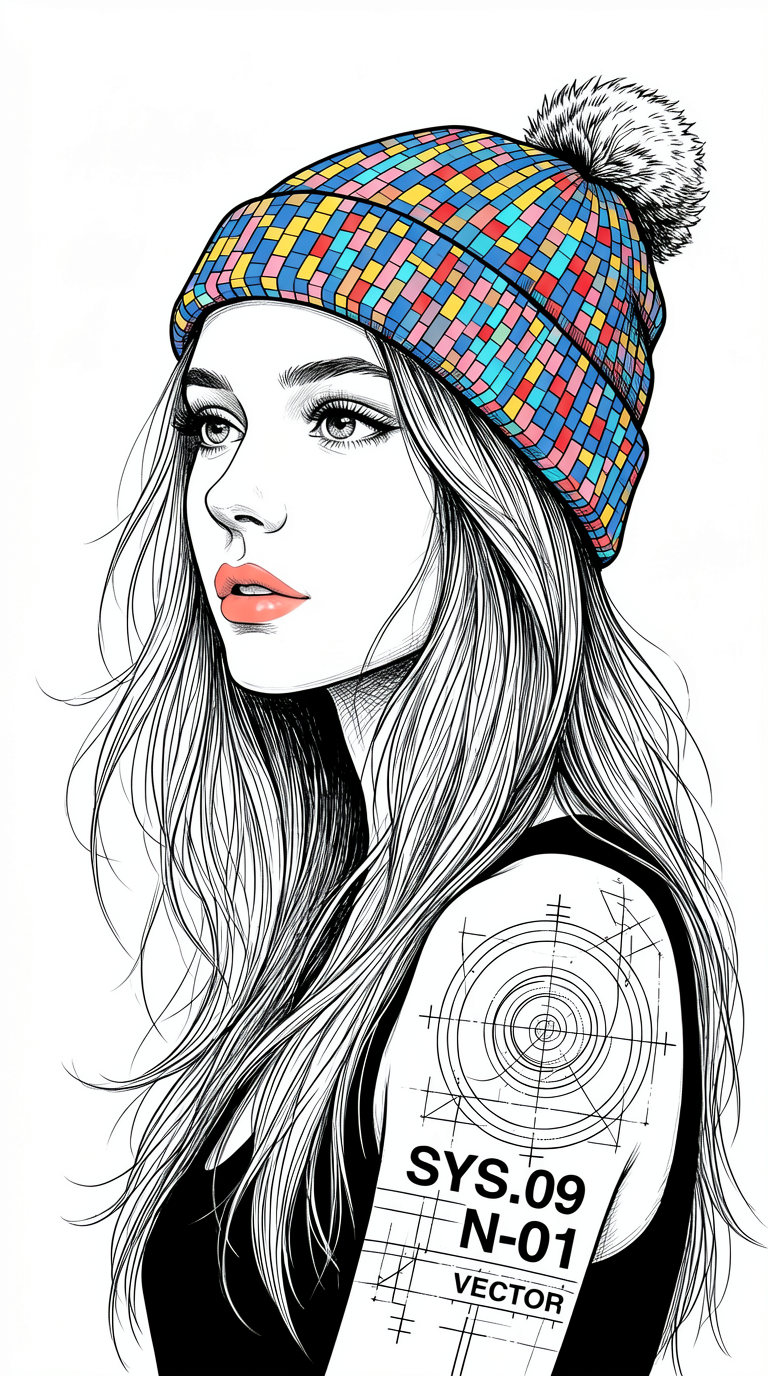 Colorful Knit Beanie Fashion Line Drawing