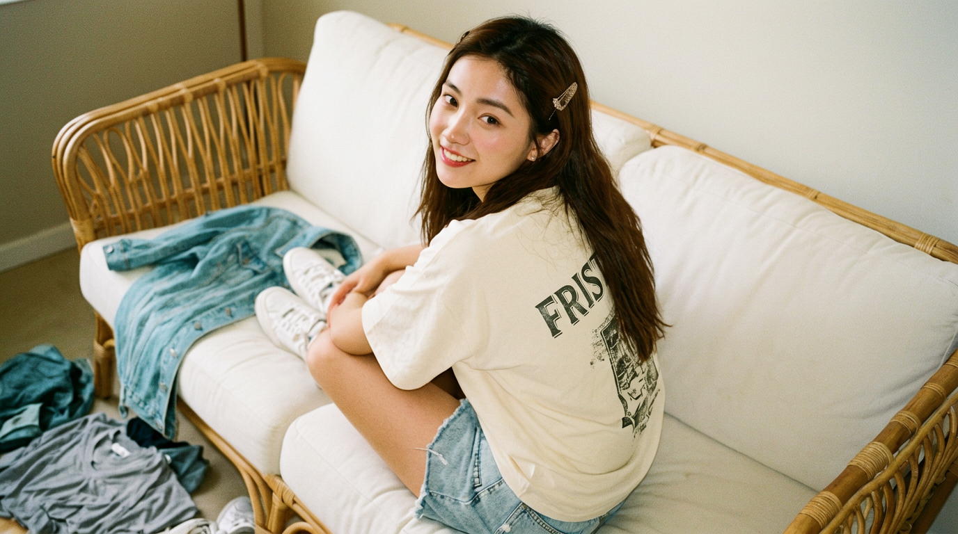 Girl Glancing Back Lazily on Rattan Chair