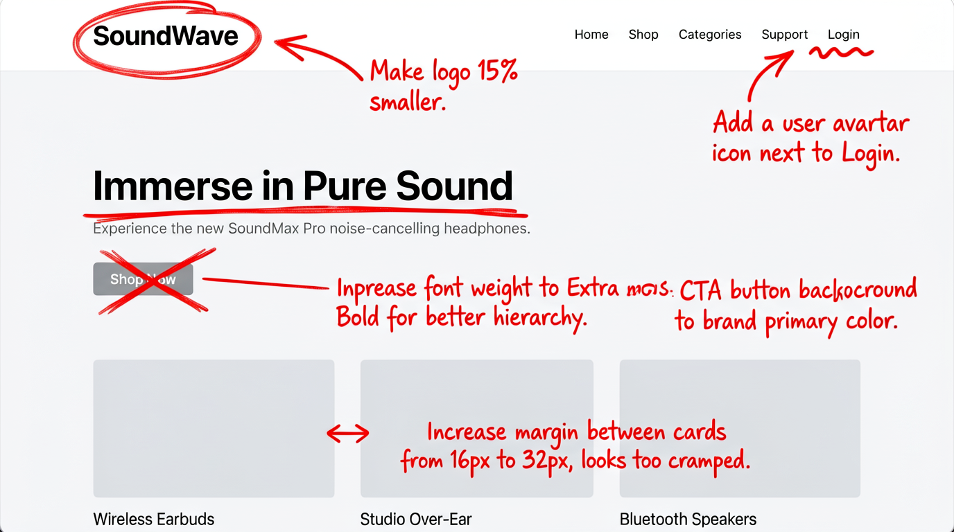 E-Commerce Web Design Red Pen Annotations