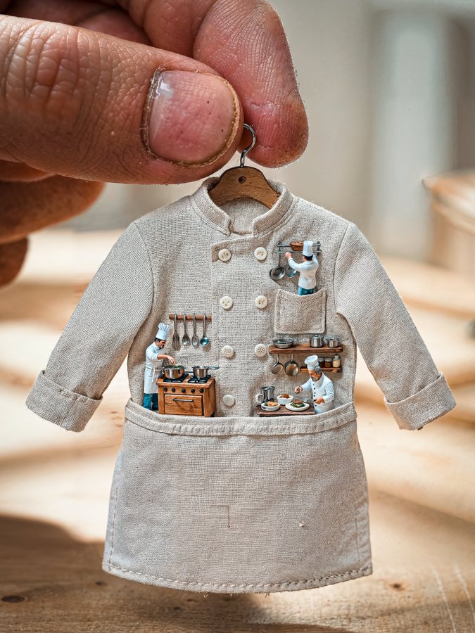 Extreme Detailed Miniature Diorama a Tiny Chef's Jacket Held between Two