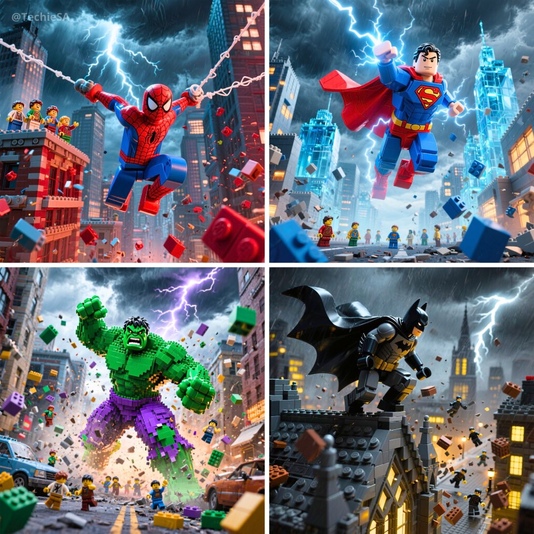 Epic LEGO SUPERHERO in Dynamic Action Pose Showcasing Their Signature Powers