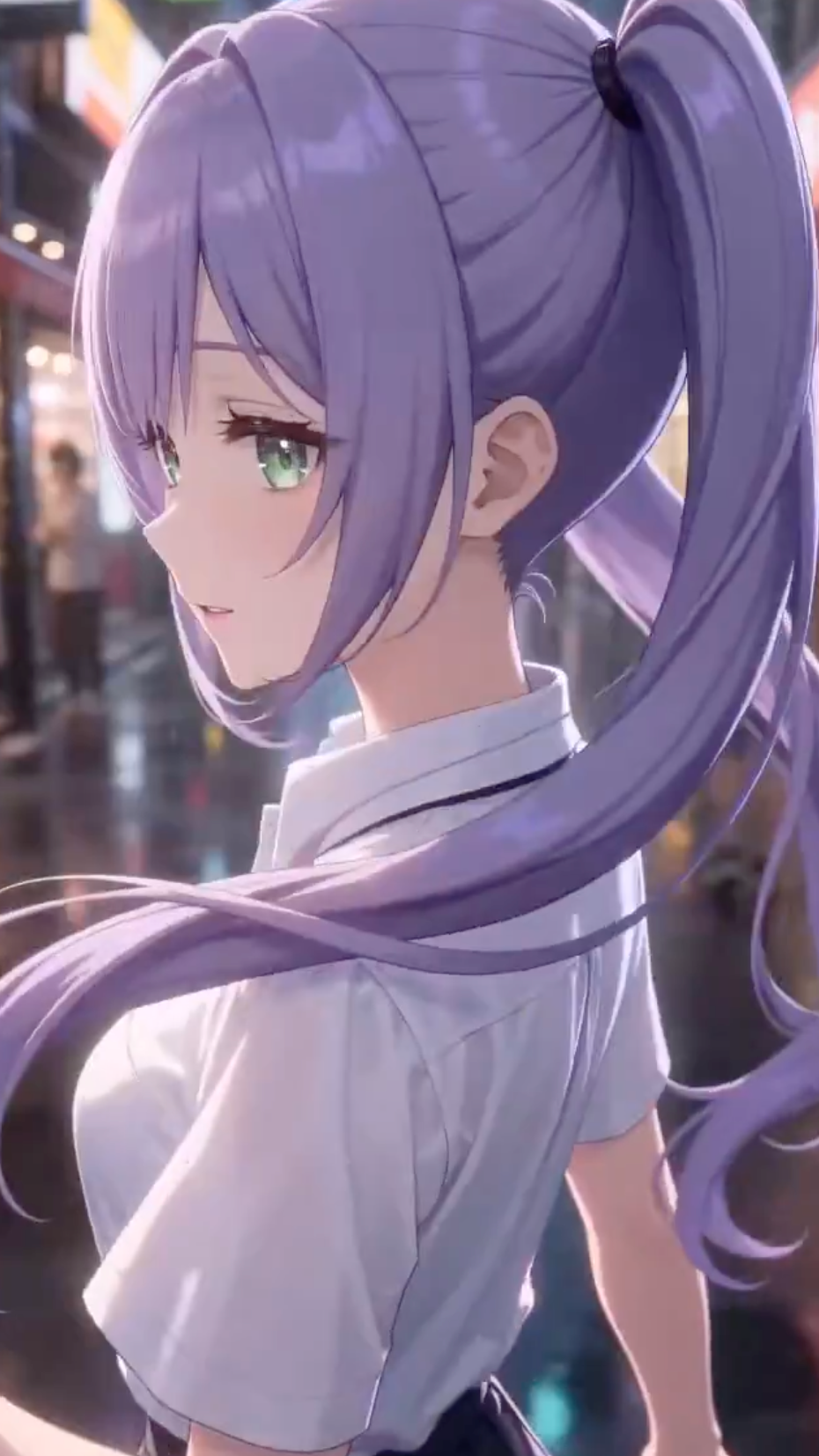 Stunning Look Back of Purple Haired Girl on Warm Street