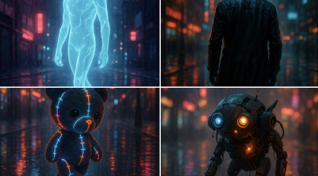 Cinematic Rendering of Subject Walking Through a Rain-soaked Street at Night