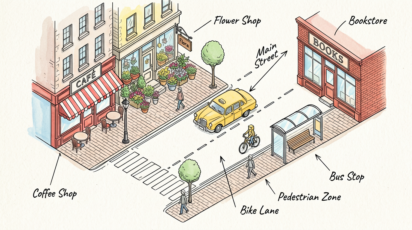Hand-Drawn Isometric City Street Illustration
