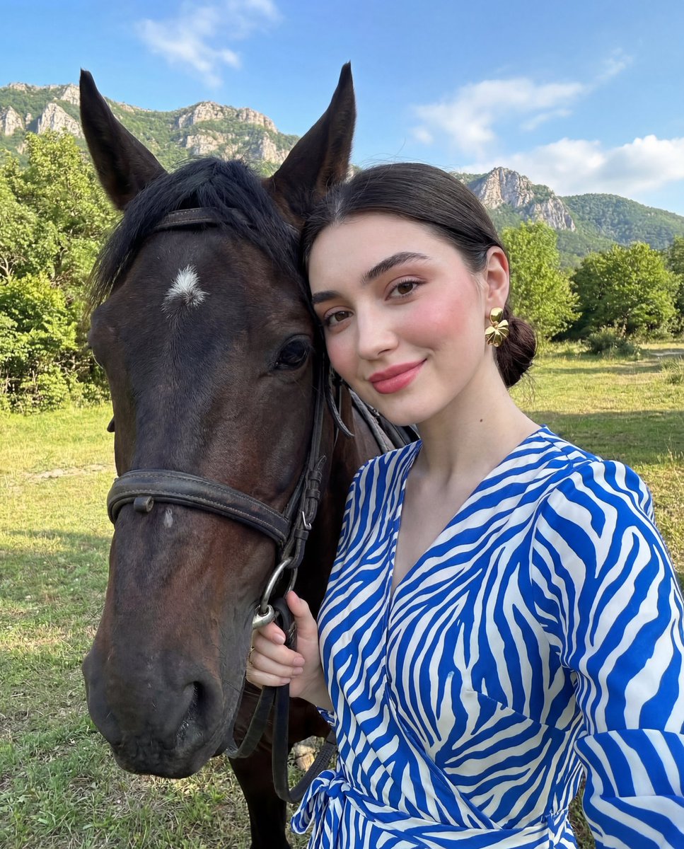 Sunlit Mountain Fashion Portrait with Horse