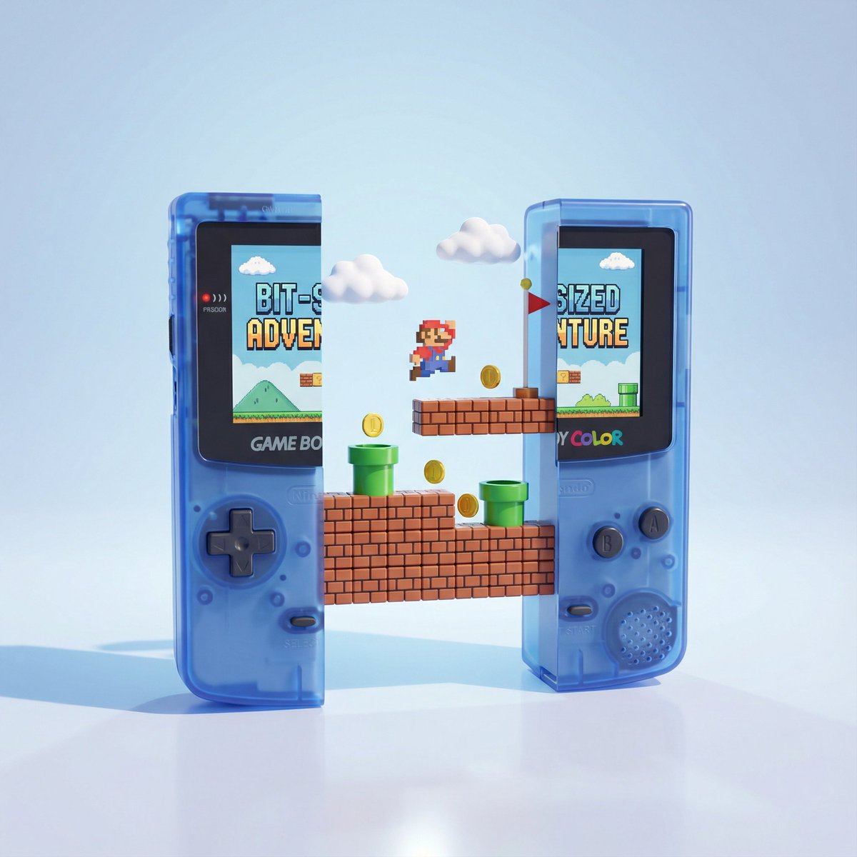 Highly Polished 3D Render of a Classic Handheld Game Console Split