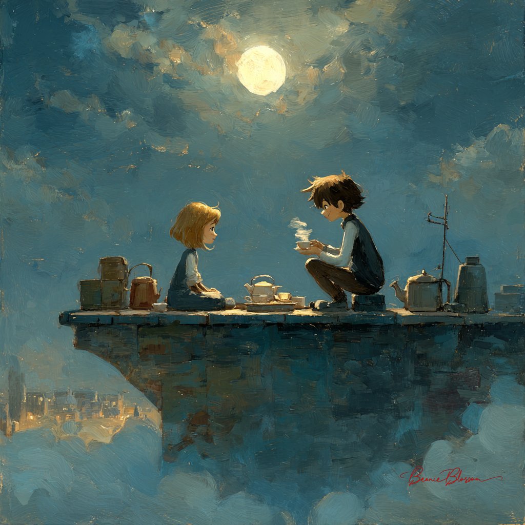 Moonlight Rooftop Tea Party between a Girl and a Boy Dreamy