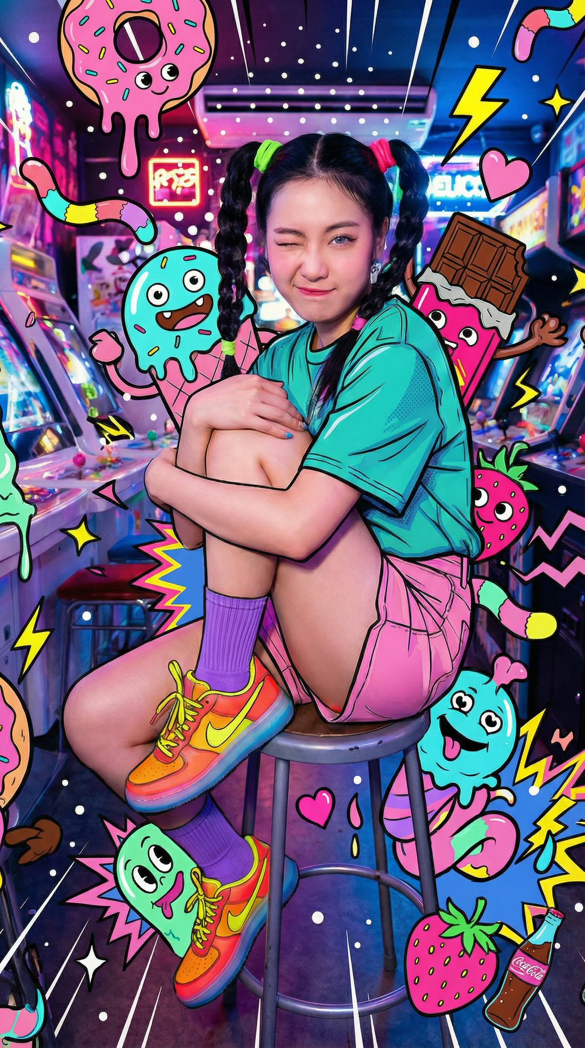 Subject Type Young Woman Pose Sitting Sideways on an Arcade Stool