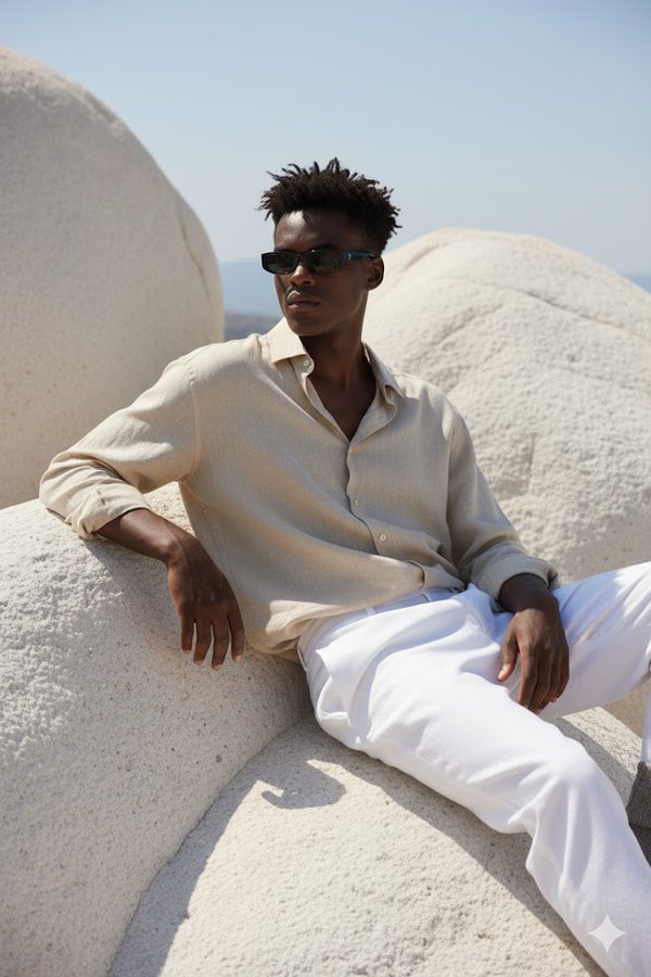 Hyper-realistic Portrait of a Young Man Sitting on Large Smooth White